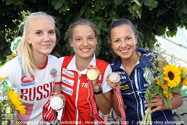 Anna Dvorianskaia (RUS, 2nd), Simona Aebersold (SUI, World Champion) & Anna Haataja (FIN, 3rd) in JWOC 2016 - Sprint Women